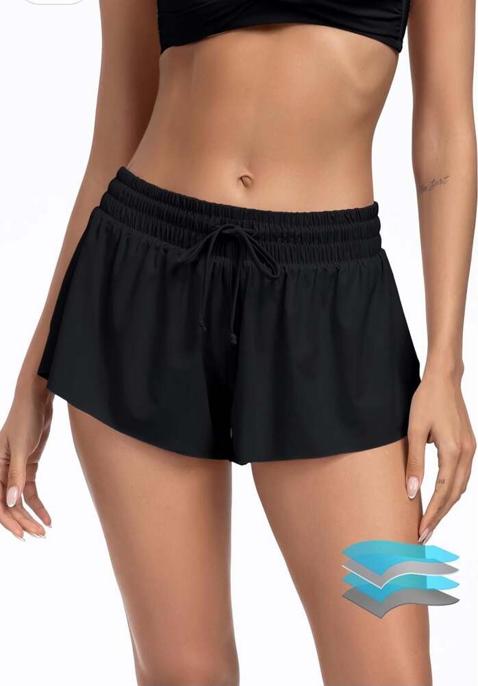 Beautikini Period 2-in-1 Flowy Athletic Swim Skorts, Leakproof, Blk, L